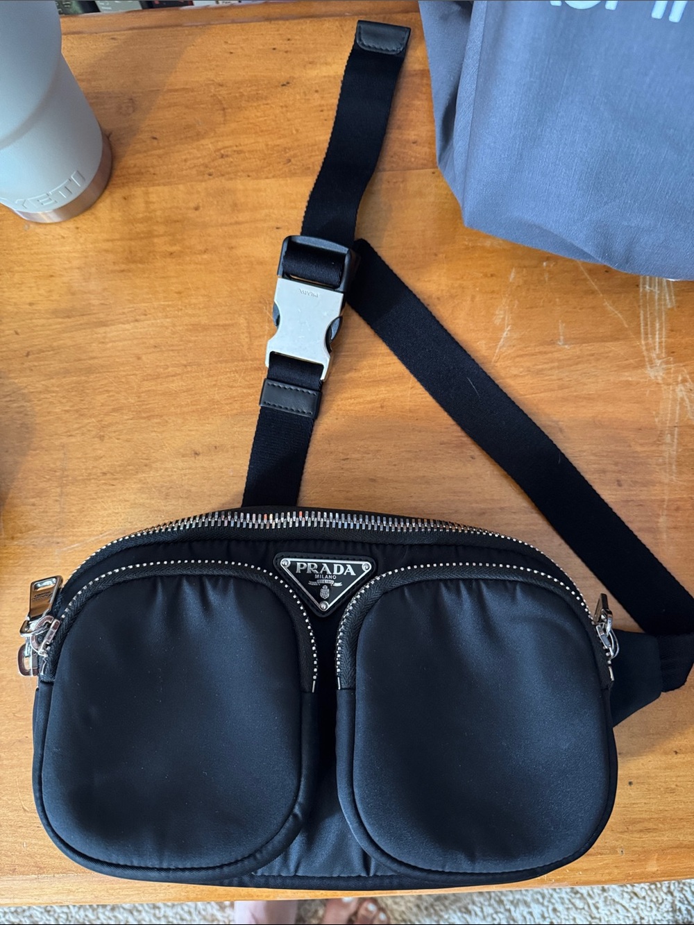Prada Black Nylon Puffer Belt Bag with Dual Front Pockets